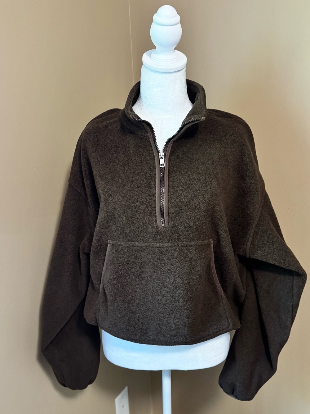 Women's Half-Zip Fleece Pullover Hoodie - Brown
